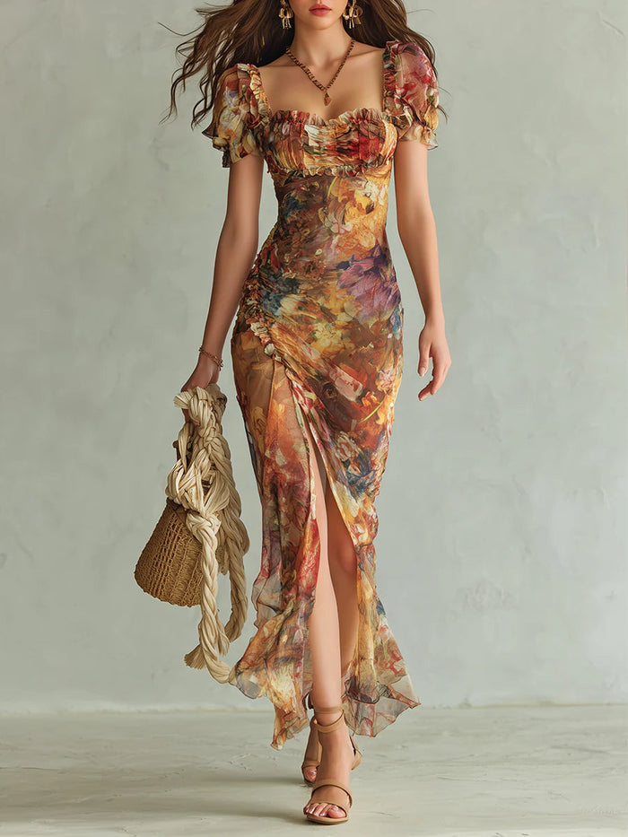 Orange Maxikjole i Chiffon med Oliemaleriprint