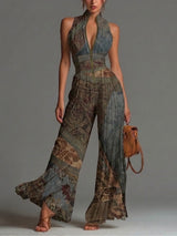 Ærmeløs Jumpsuit i Chiffon med Bohemisk Etnisk Print
