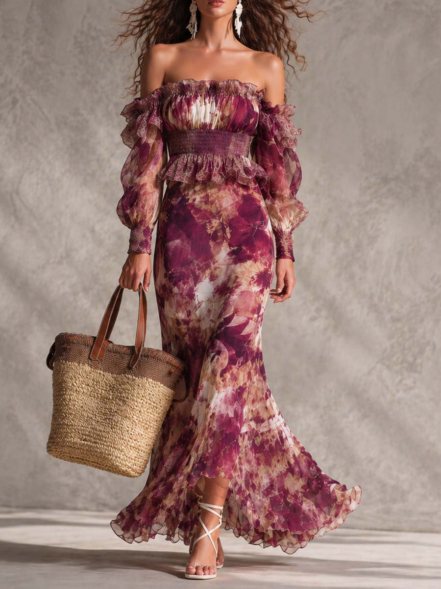 Rosa Maxikjole i Chiffon med Bare Skuldre