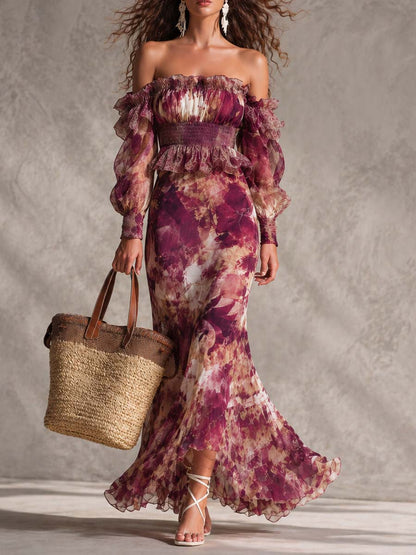 Rosa Maxikjole i Chiffon med Bare Skuldre
