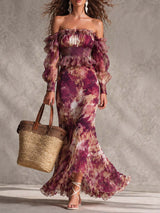 Inger | Maxikjole i chiffon med bare skuldre i lys rosa med blomster