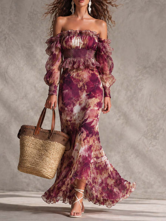 Inger | Maxikjole i chiffon med bare skuldre i lys rosa med blomster