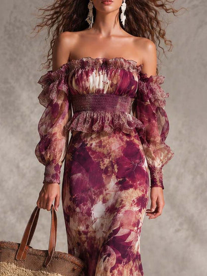 Inger | Maxikjole i chiffon med bare skuldre i lys rosa med blomster