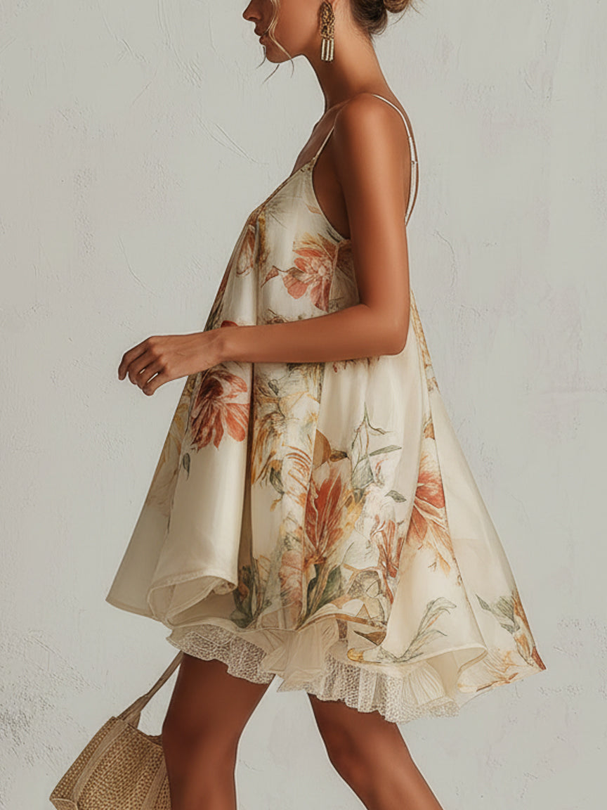 Henny | A-formet minikjole i beige blomstret organza med blondekant