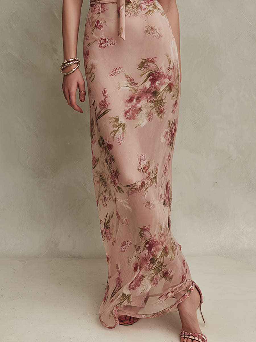 Lea | Maxikjole i chiffon med blomsterprint og dråbeudskæring