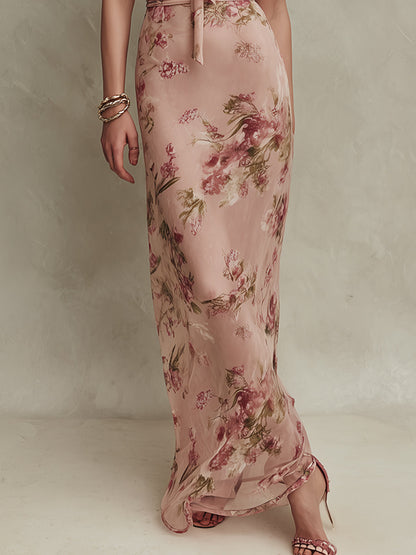 Lea | Maxikjole i chiffon med blomsterprint og dråbeudskæring