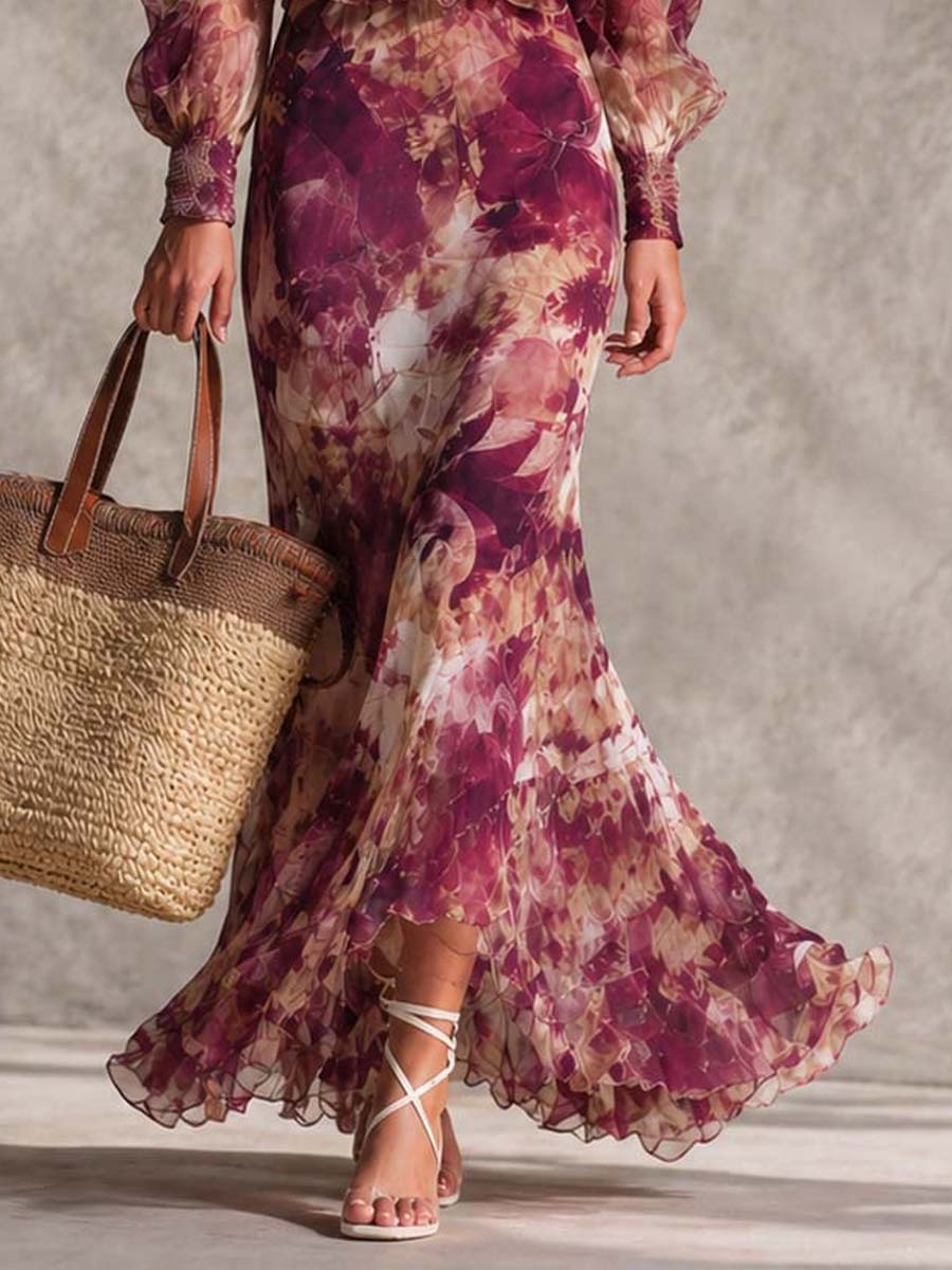 Inger | Maxikjole i chiffon med bare skuldre i lys rosa med blomster