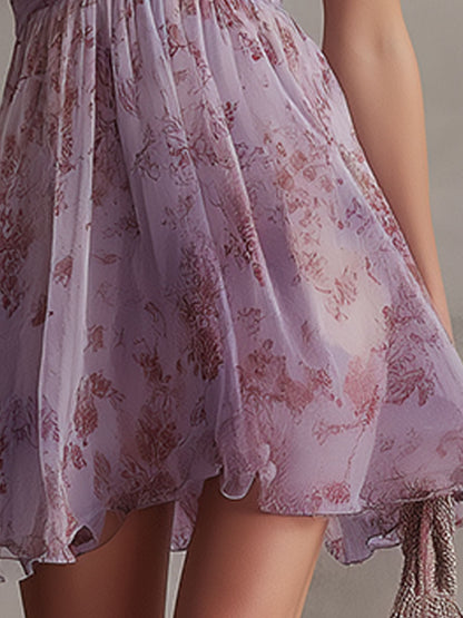 Sidsel | Minikjole i chiffon med lilla retro blomsterstriber