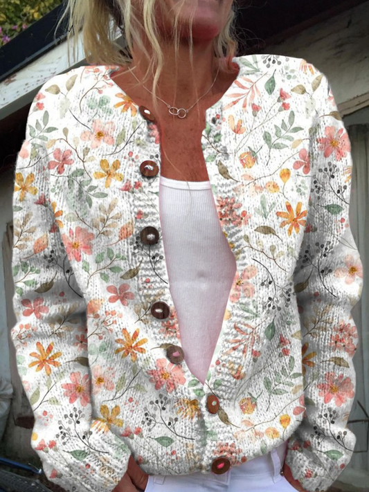 Greta™ | Vintage Strikcardigan med Blomster