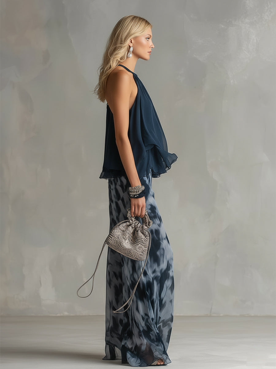 Clara | Elegant sæt med marineblå top og vide bukser
