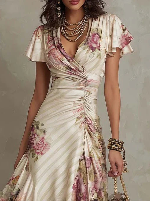 Anja | Rynket slå om-midikjole med elegant blomsterprint