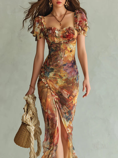 Sigrid | Maxikjole i orange chiffon med malerisk bohemeprint