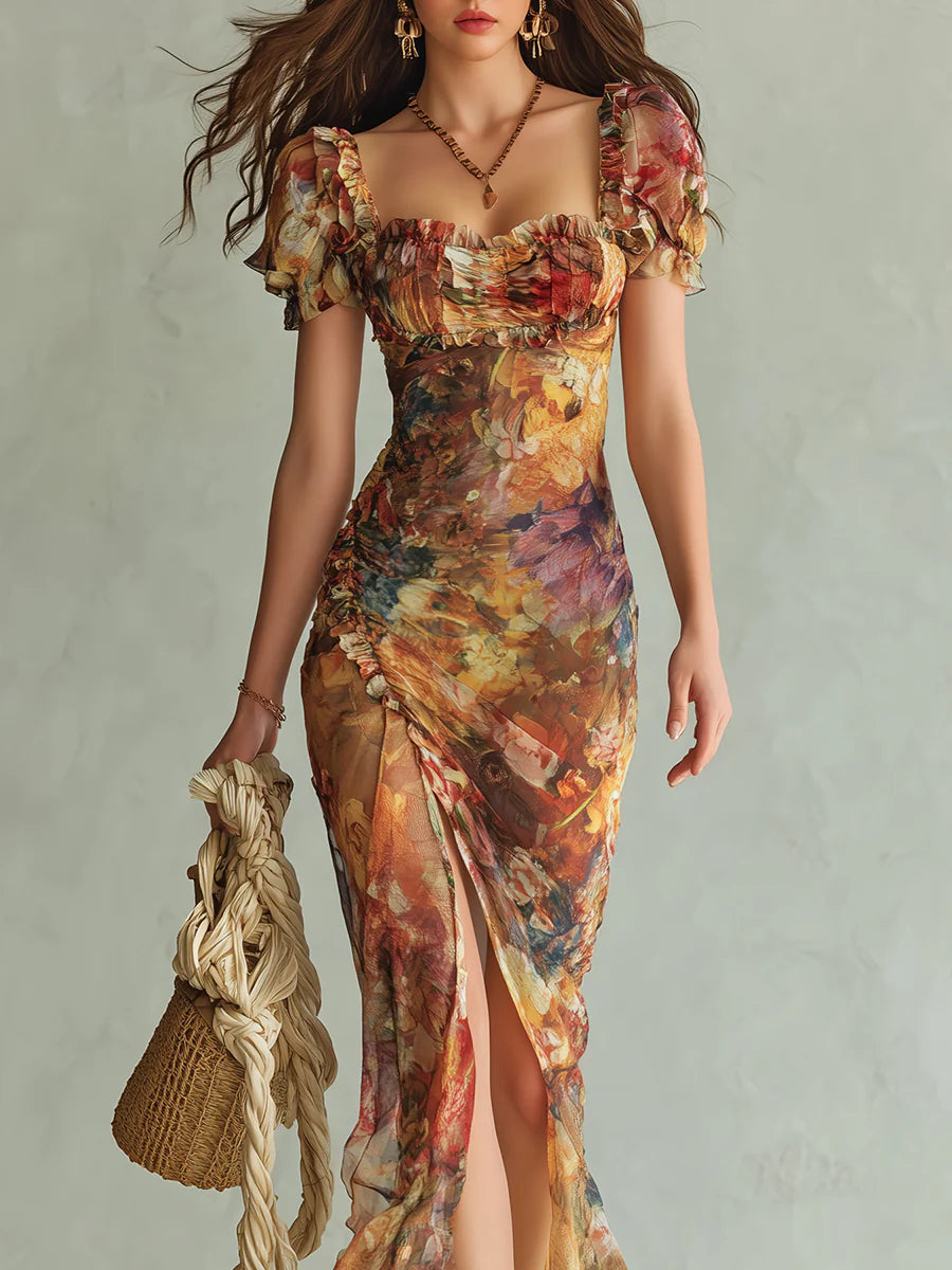 Orange Maxikjole i Chiffon med Oliemaleriprint