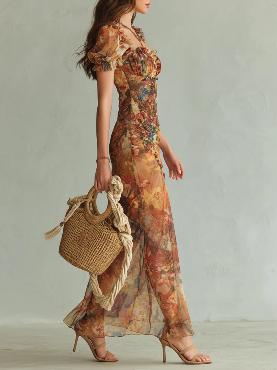 Orange Maxikjole i Chiffon med Oliemaleriprint