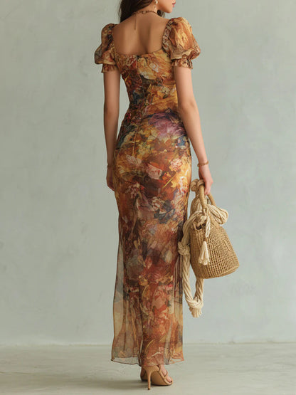 Sigrid | Maxikjole i orange chiffon med malerisk bohemeprint