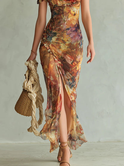 Orange Maxikjole i Chiffon med Oliemaleriprint