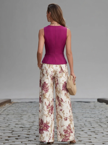 Sara | Sæt med rosa vest og vide blomstrede bukser