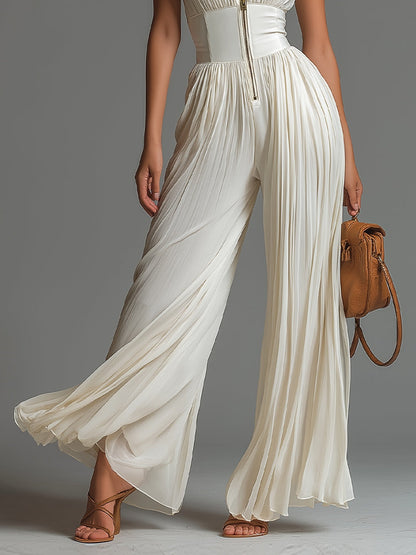 Hvid Ærmeløs Jumpsuit i Chiffon med Lynlås