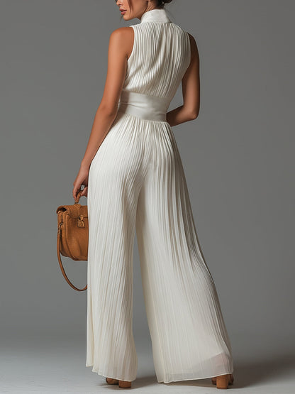 Hvid Ærmeløs Jumpsuit i Chiffon med Lynlås