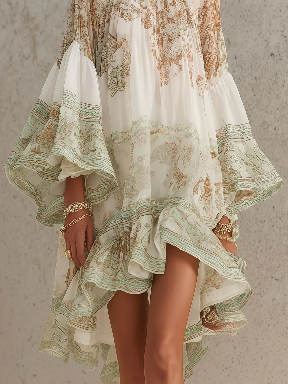 Sissel | Kort asymmetrisk grøn chiffonkjole med flæser og klokkeærmer