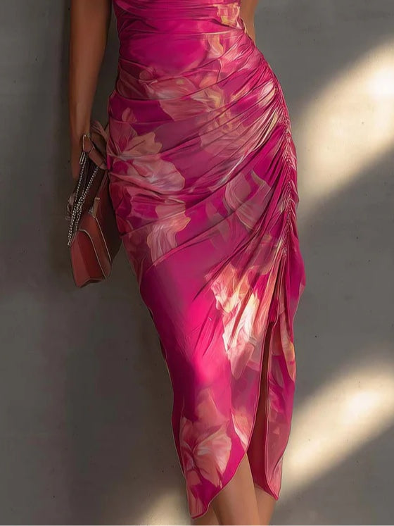 Esther | Ærmeløs bodycon-kjole med fuchsia blomsterprint