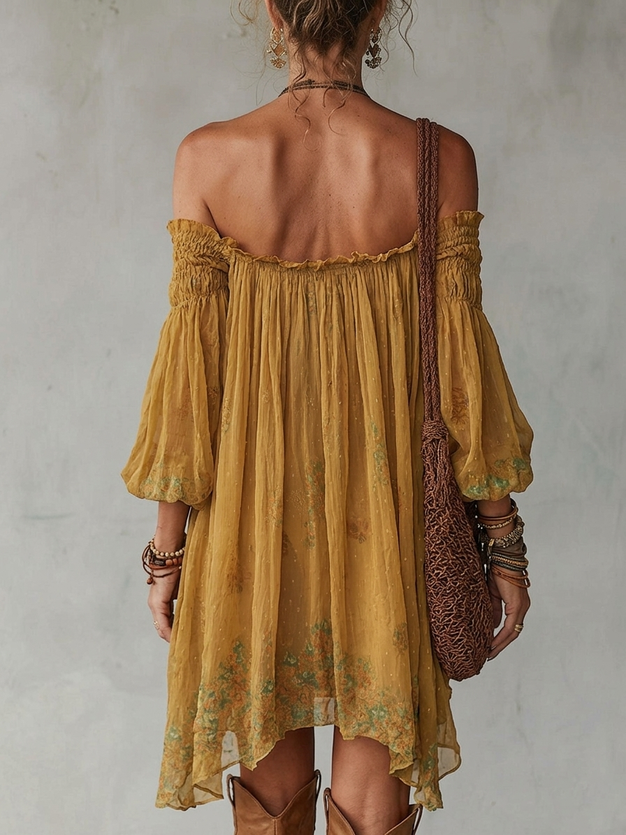 Åsa | Gul blomstret minikjole med bare skuldre