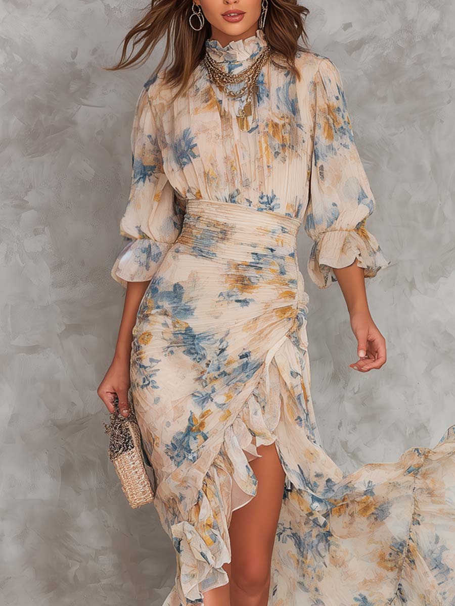 Maxikjole i Chiffon med Asymmetrisk Bræmme og Blomsterprint