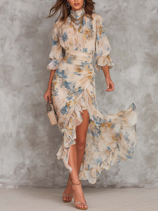 Maxikjole i Chiffon med Asymmetrisk Bræmme og Blomsterprint