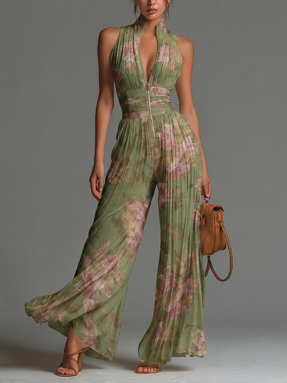 Grøn Blomstret Ærmeløs Jumpsuit i Chiffon med Lynlås