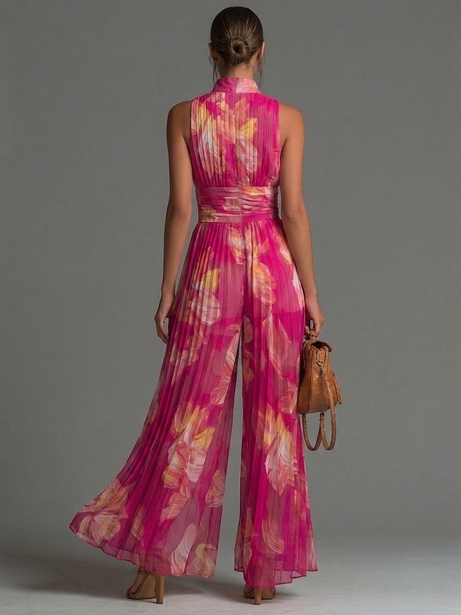Gerda | Ærmeløs buksedragt i plisseret chiffon med fuchsia blomsterprint