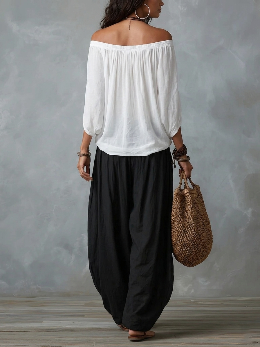 Sæt med Hvid Off-Shoulder Top og Vide Bukser