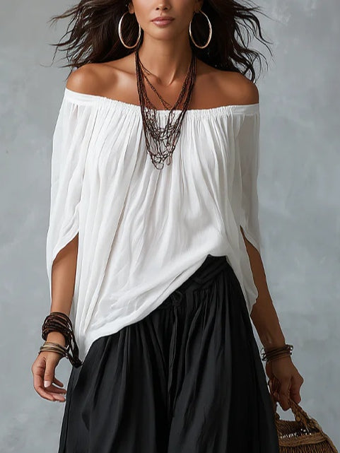Sæt med Hvid Off-Shoulder Top og Vide Bukser