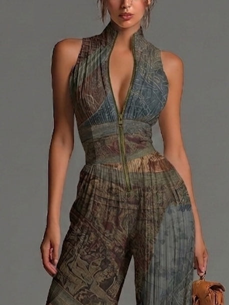 Ærmeløs Jumpsuit i Chiffon med Bohemisk Etnisk Print