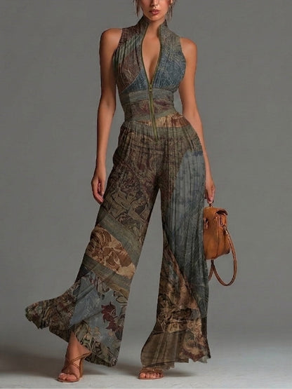 Ærmeløs Jumpsuit i Chiffon med Bohemisk Etnisk Print
