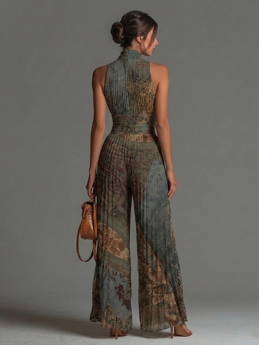 Ærmeløs Jumpsuit i Chiffon med Bohemisk Etnisk Print