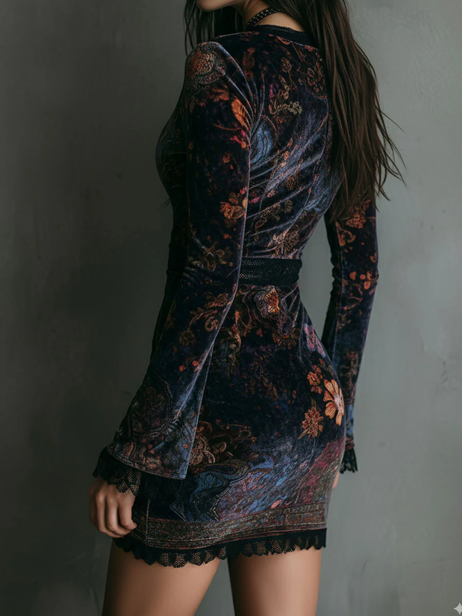 Kate | Tilpasset minikjole i velour med blonde og blomsterprint
