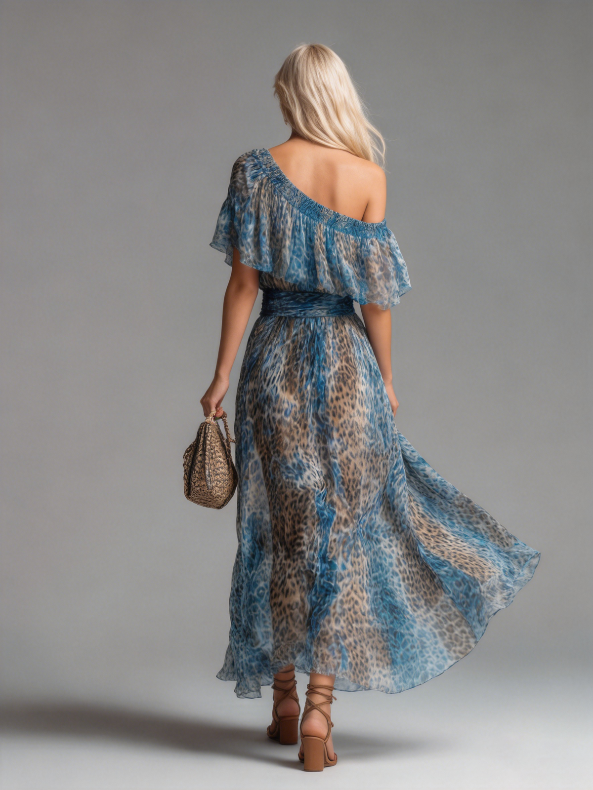 Sille | Lang chiffonkjole med leopardprint og bare skuldre