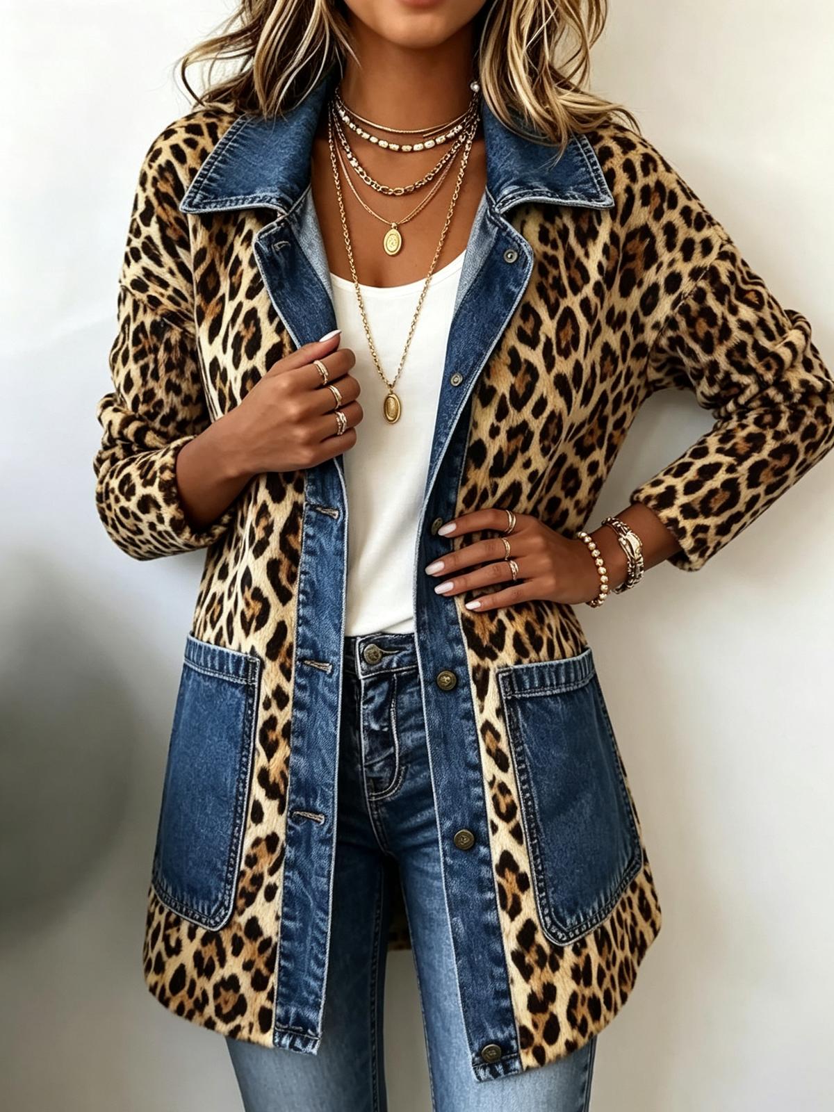 Fablenne | Lang Jakke med Kontrast-denimpaneler og Leopardprint