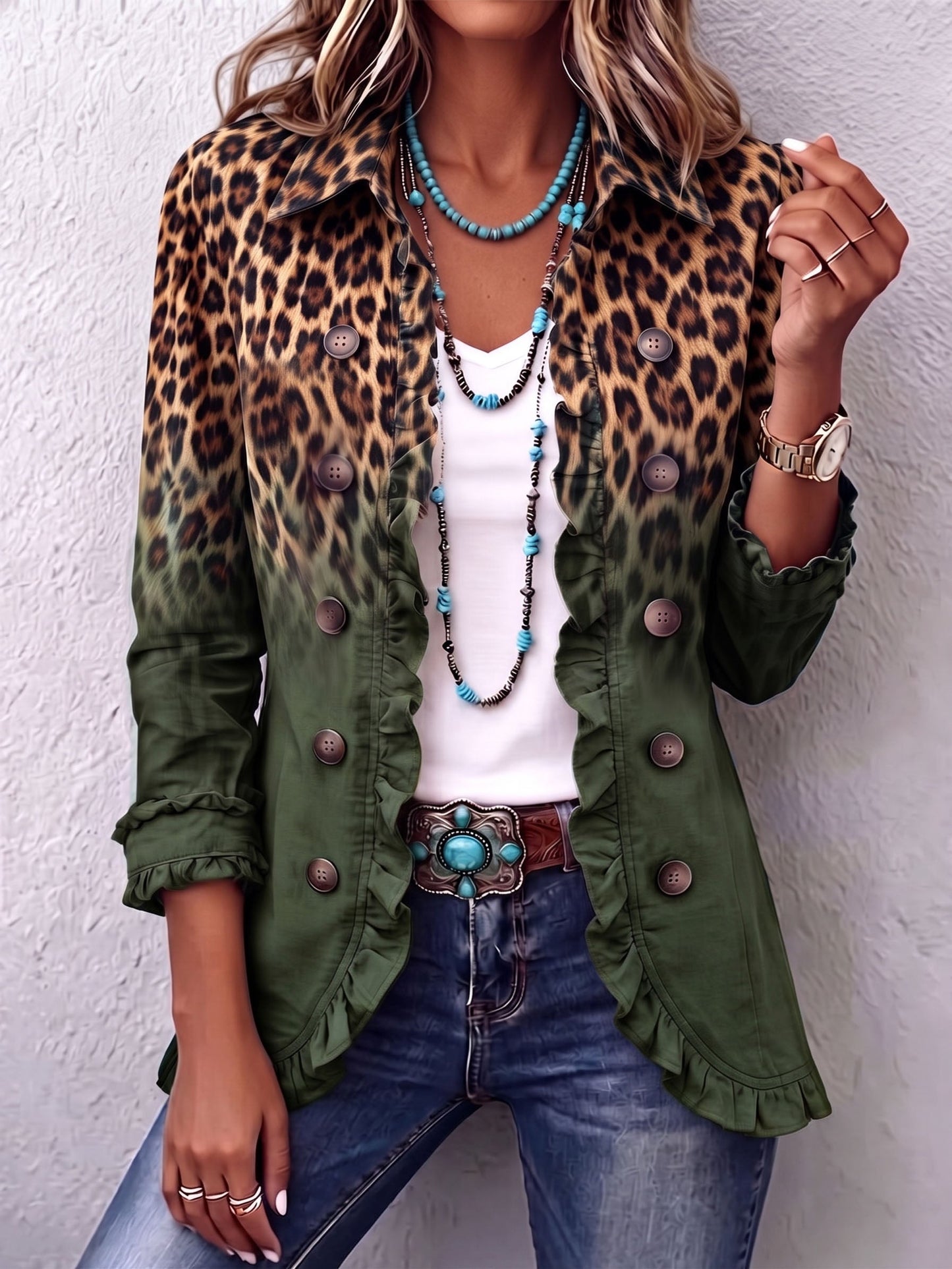 Elspeth | Ombré Leopard-blazer med Flæsekant