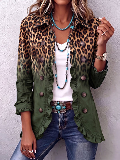 Elspeth | Ombré Leopard-blazer med Flæsekant