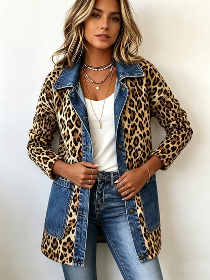 Fablenne | Lang Jakke med Kontrast-denimpaneler og Leopardprint