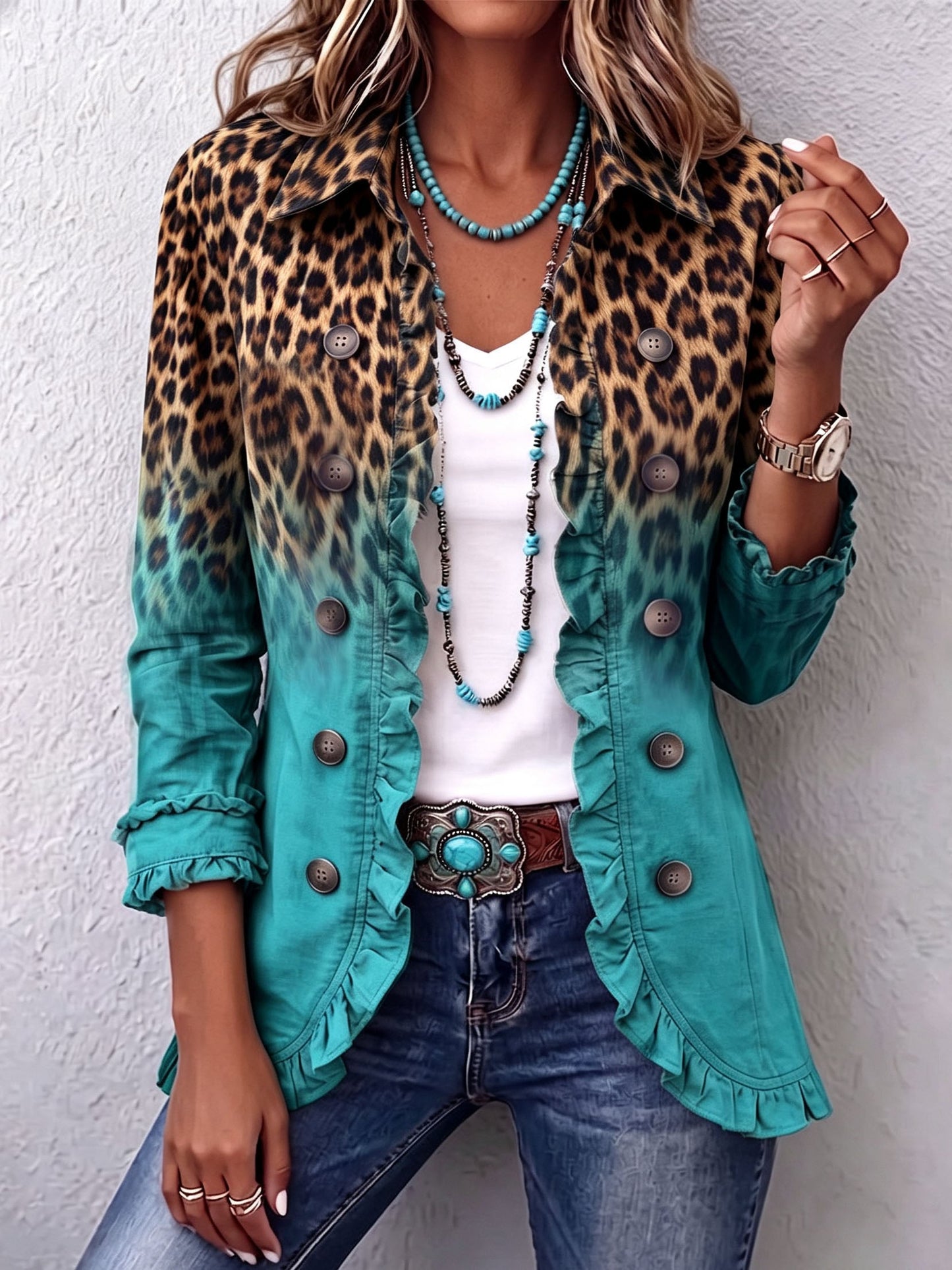 Elspeth | Ombré Leopard-blazer med Flæsekant