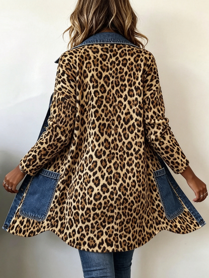 Fablenne | Lang Jakke med Kontrast-denimpaneler og Leopardprint