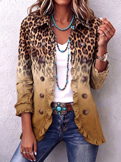 Elspeth | Ombré Leopard-blazer med Flæsekant
